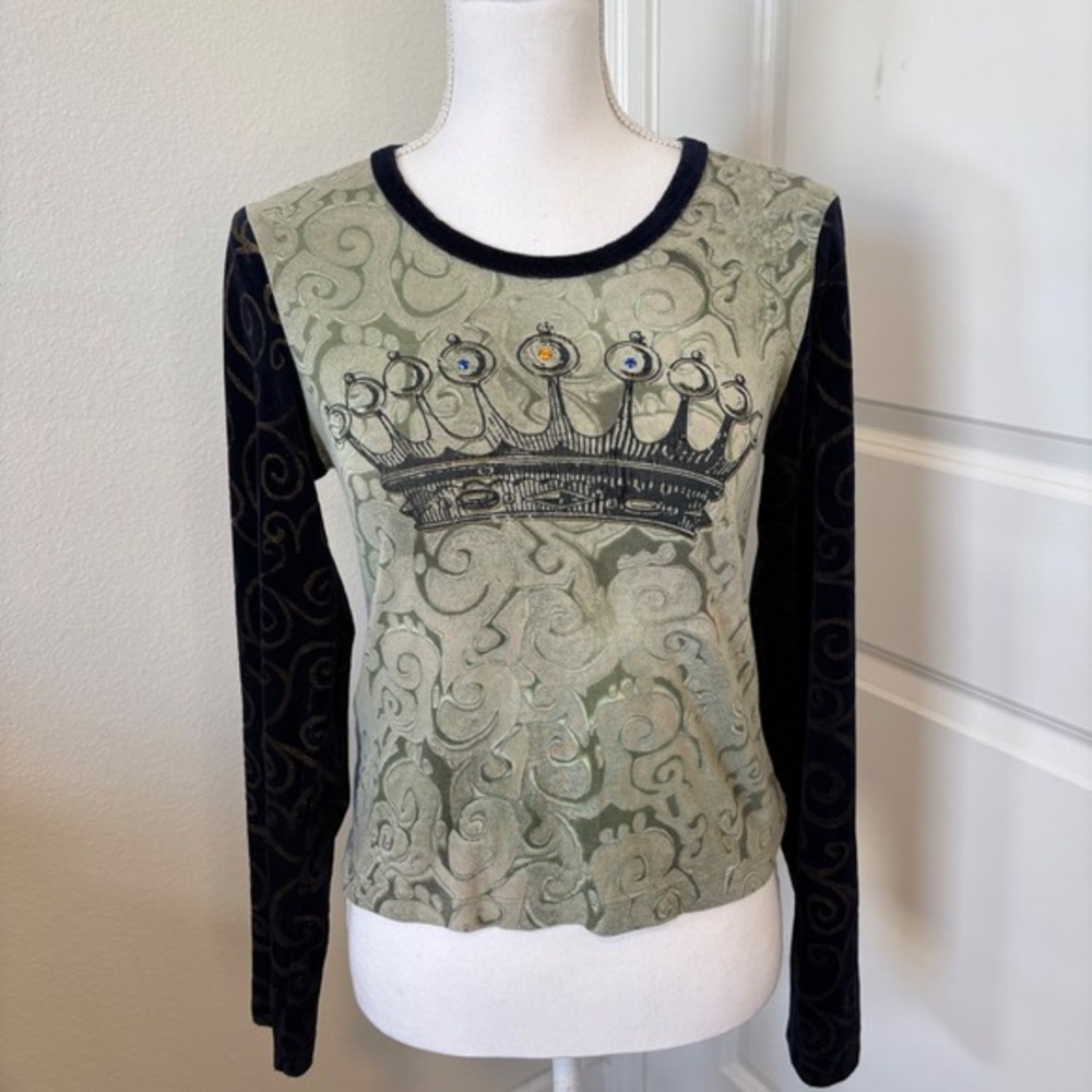 Eyeshadow Vintage Y2K Crown Graphic Long Sleeve Top Olive Green Black Velvet L